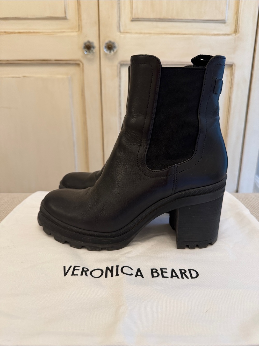 Veronica Beard Black Leather Chunky Lug Heel Chelsea Boot